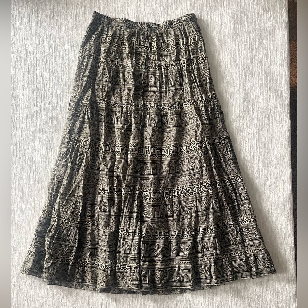 Kim Rogers Cream & Black Geometric Patterned Drawstring Midi Skirt